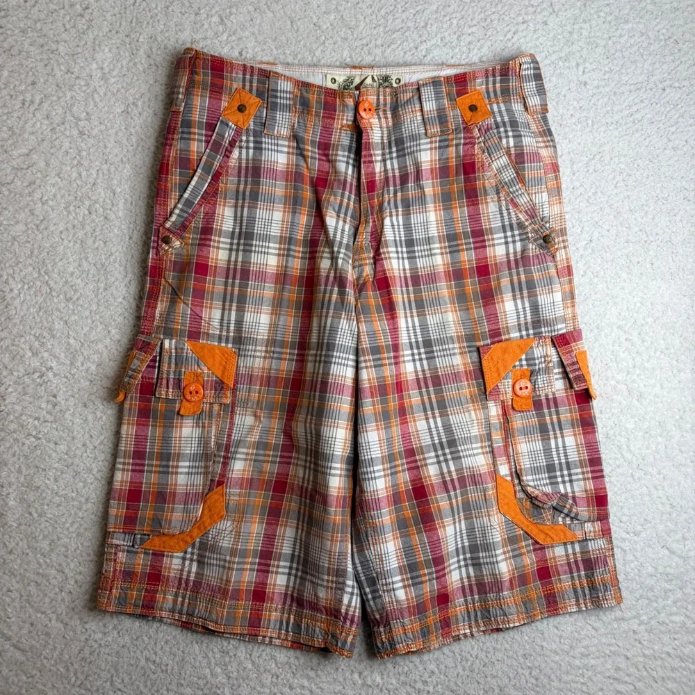 G-Net Mens Y2K Plaid Cargo Short Orange Red Paratrooper Skate Streetwear Size 34